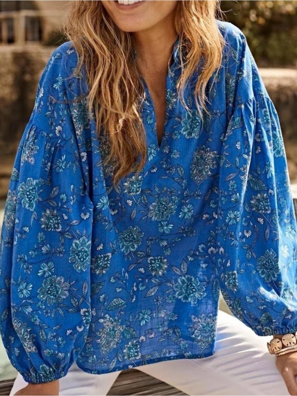 100% Cotton J.Jill Floral Top Blue Floral Split-Neck Peasant Blouse Size Small